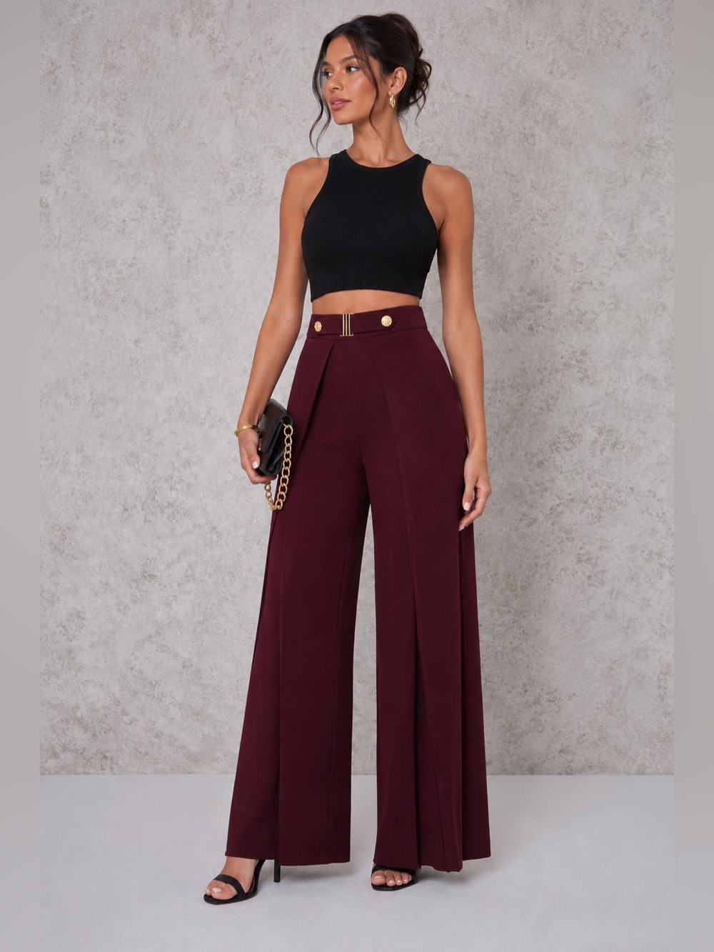 Valentine High-Waisted Burgundy Wide Leg Pants | Small‎ | Elegant Flowy Trousers
